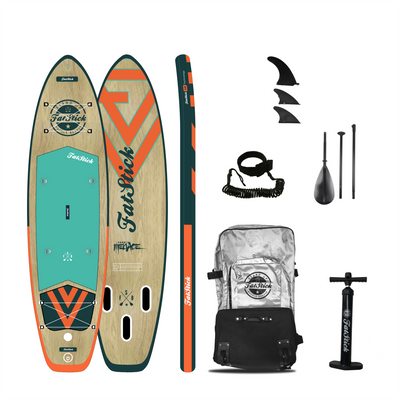 Wooden inflatable stand-up paddleboard with white background